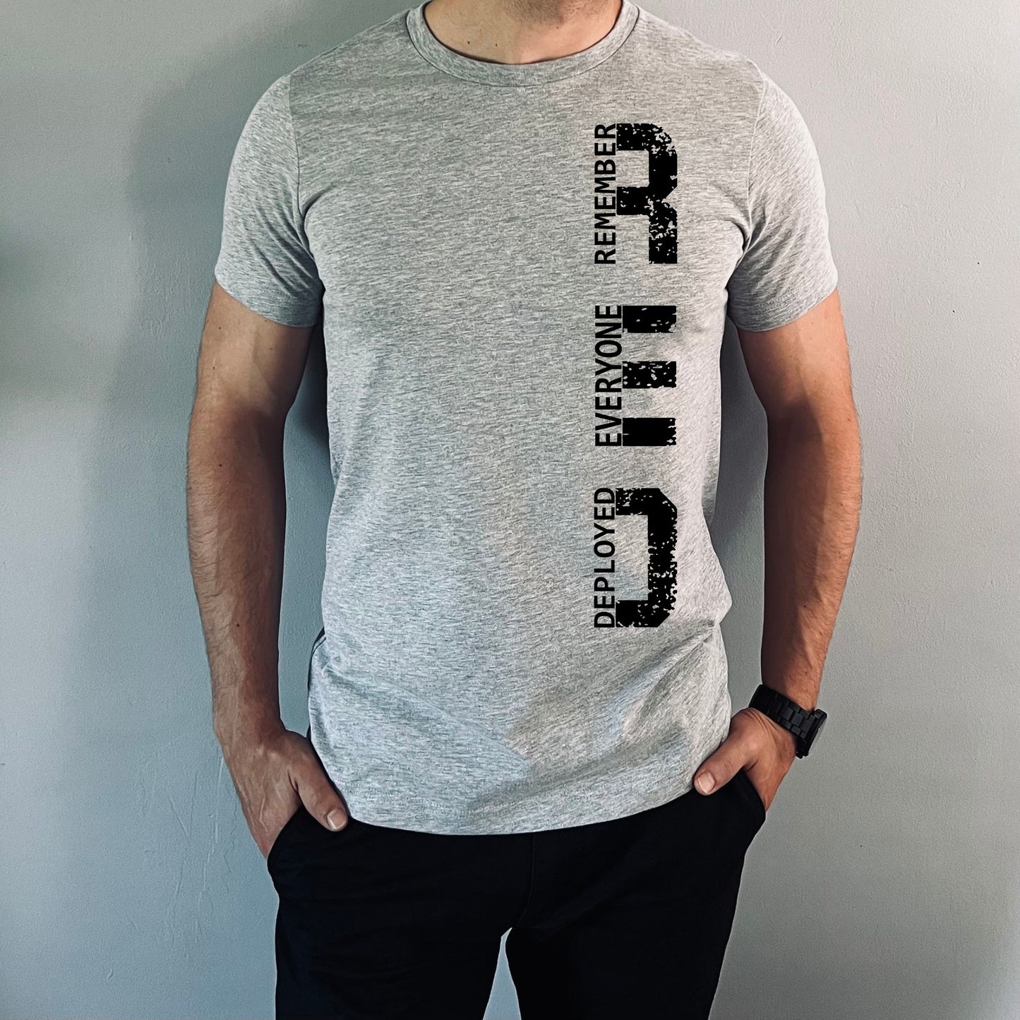 Athletic gray t-shirt for men with vertical R.E.D. text design, honoring troops with 'Remember Everyone Deployed' message.