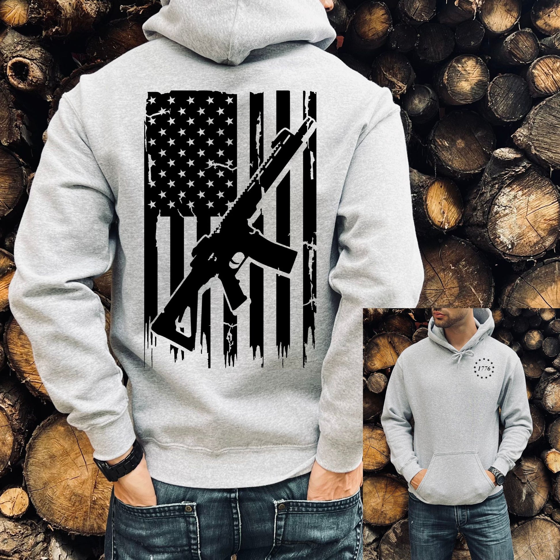Back of athletic grey hoodie showing American flag with rifle design, front has 1776 patriotic chest logo.
