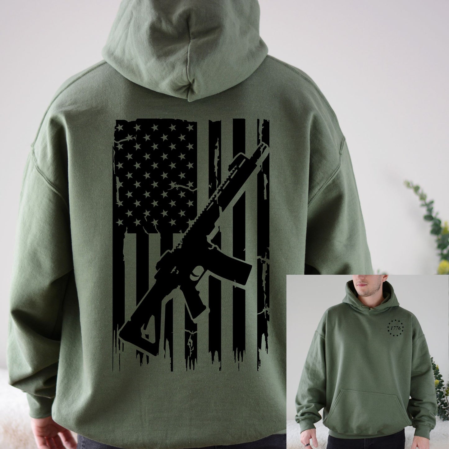 Back of military green hoodie with bold American flag and rifle print, small 1776 logo on chest.