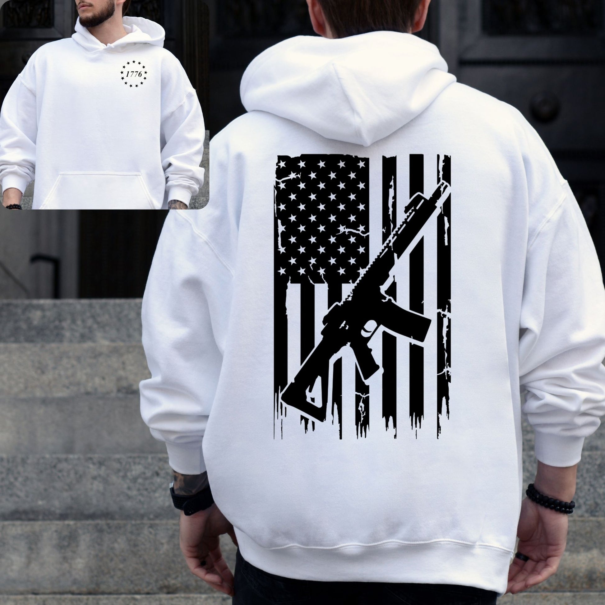 Back of white hoodie with black American flag and rifle design, front with minimalist 1776 circle logo.