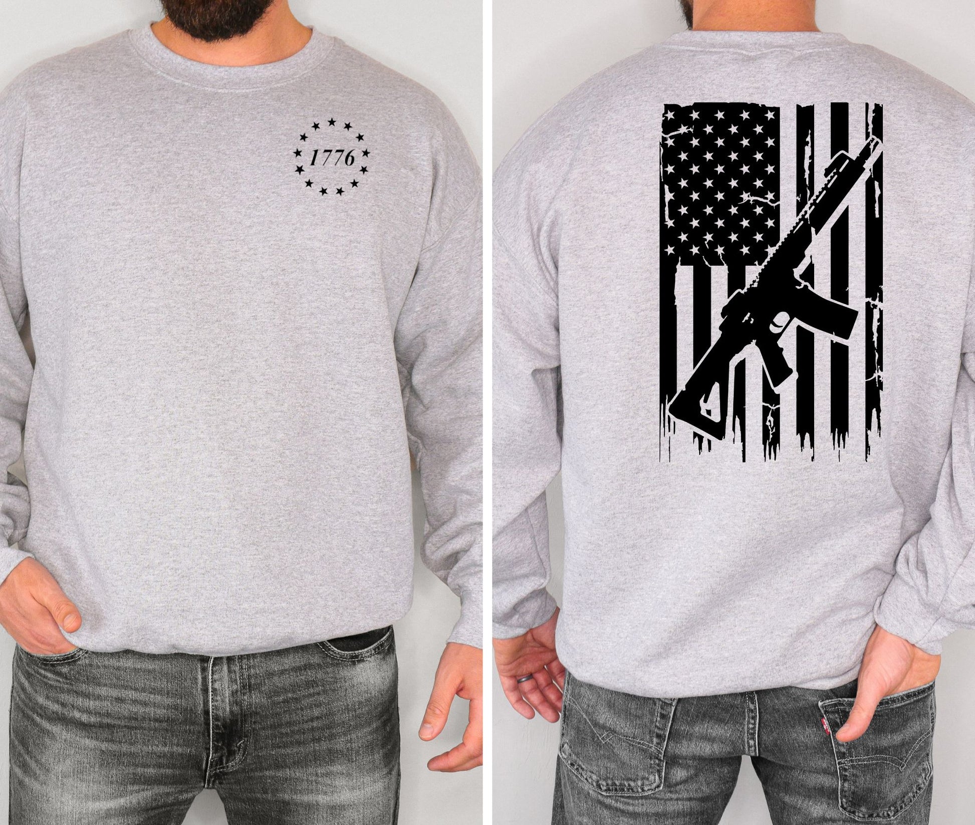 Front and back view of men's athletic grey crewneck featuring 1776 circle chest logo and distressed American flag with AR rifle design on the back.