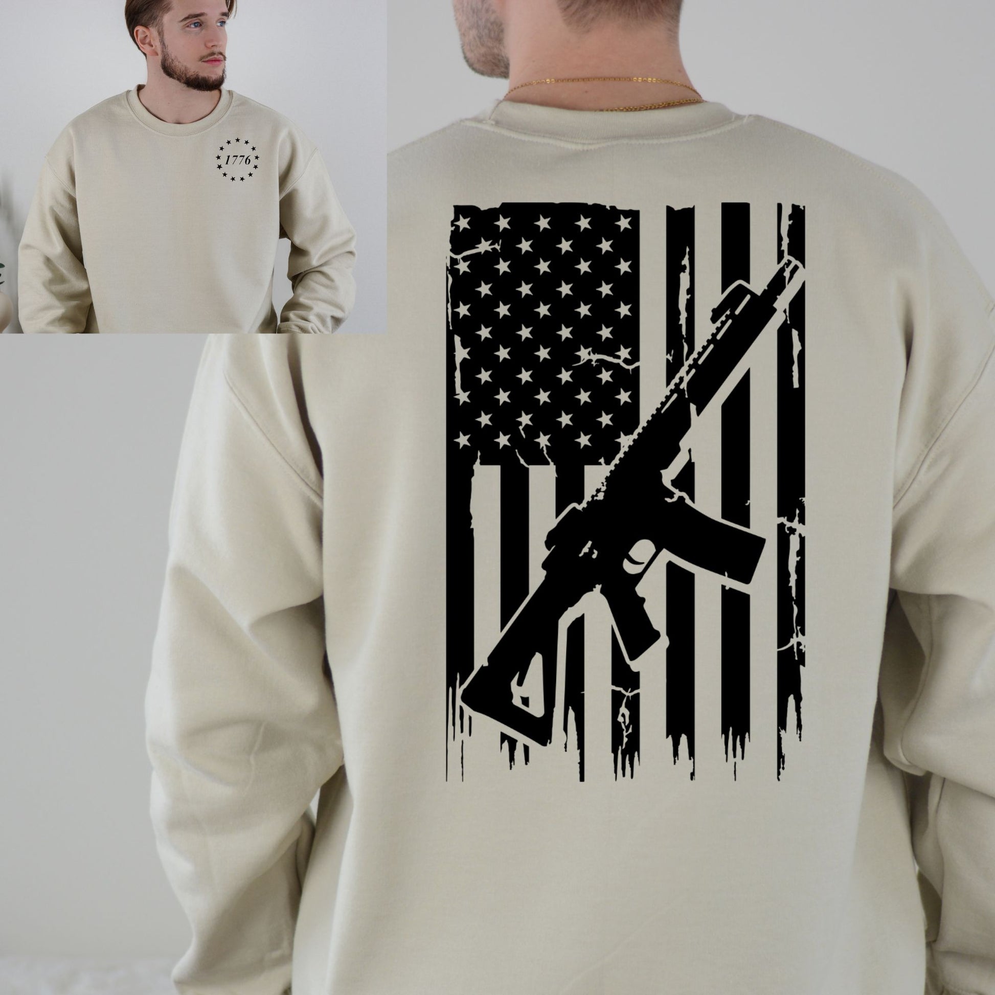 Sand-colored men’s crewneck sweatshirt with 1776 logo on front and powerful rifle and flag design printed on the back.