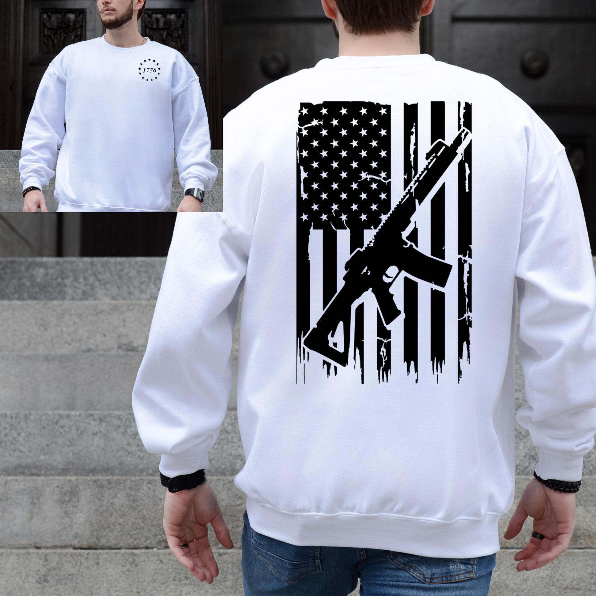White crewneck sweatshirt with 1776 chest logo and bold black rifle over distressed American flag graphic on the back.