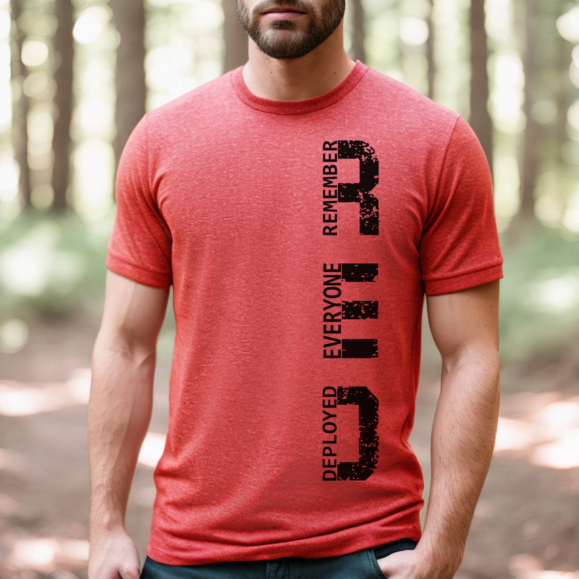Heather red t-shirt for men featuring bold vertical 'R.E.D.' design and text: Remember Everyone Deployed, perfect for patriotic support.