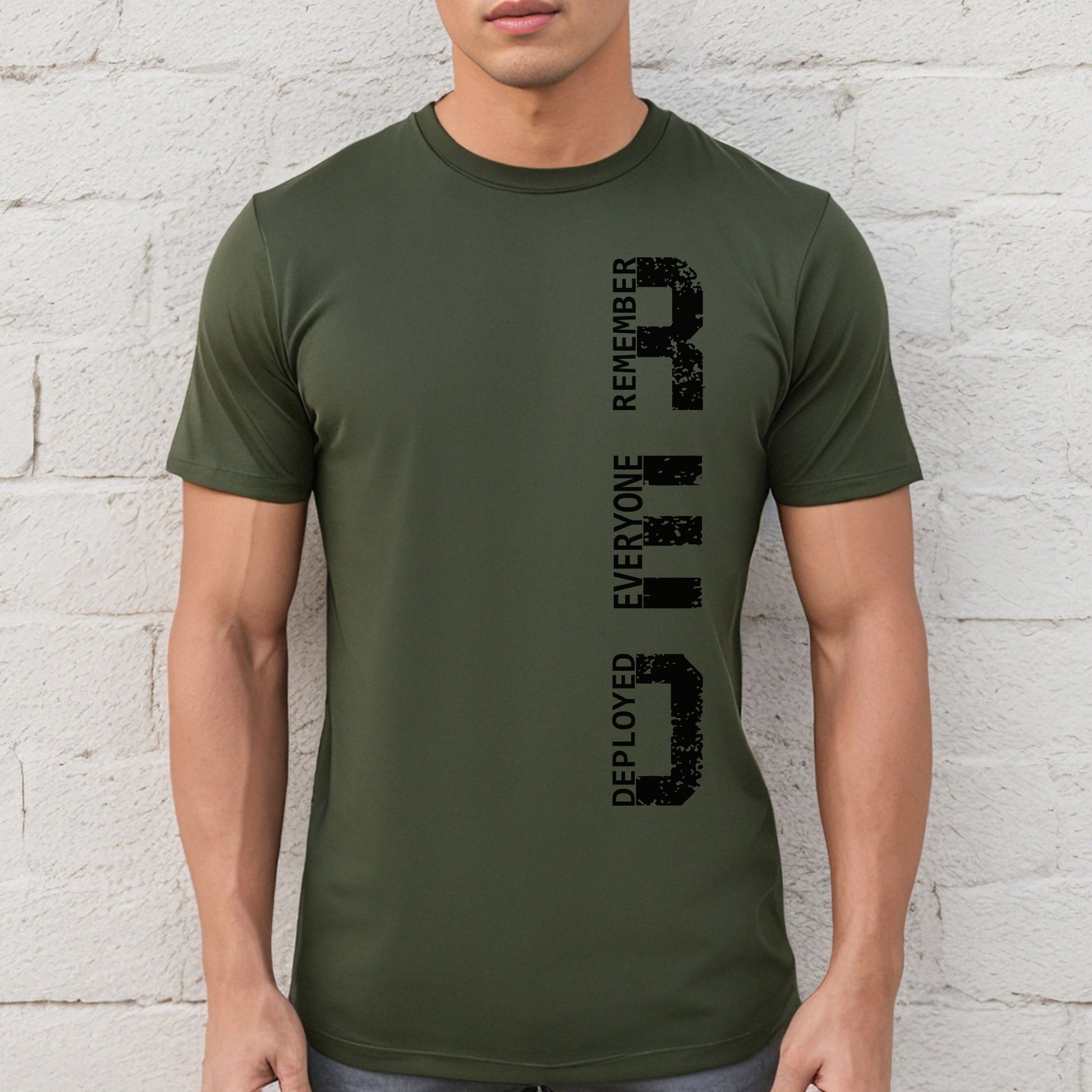 Military green men's R.E.D. shirt with vertical typography supporting deployed troopsâ€”Remember Everyone Deployed design in black.