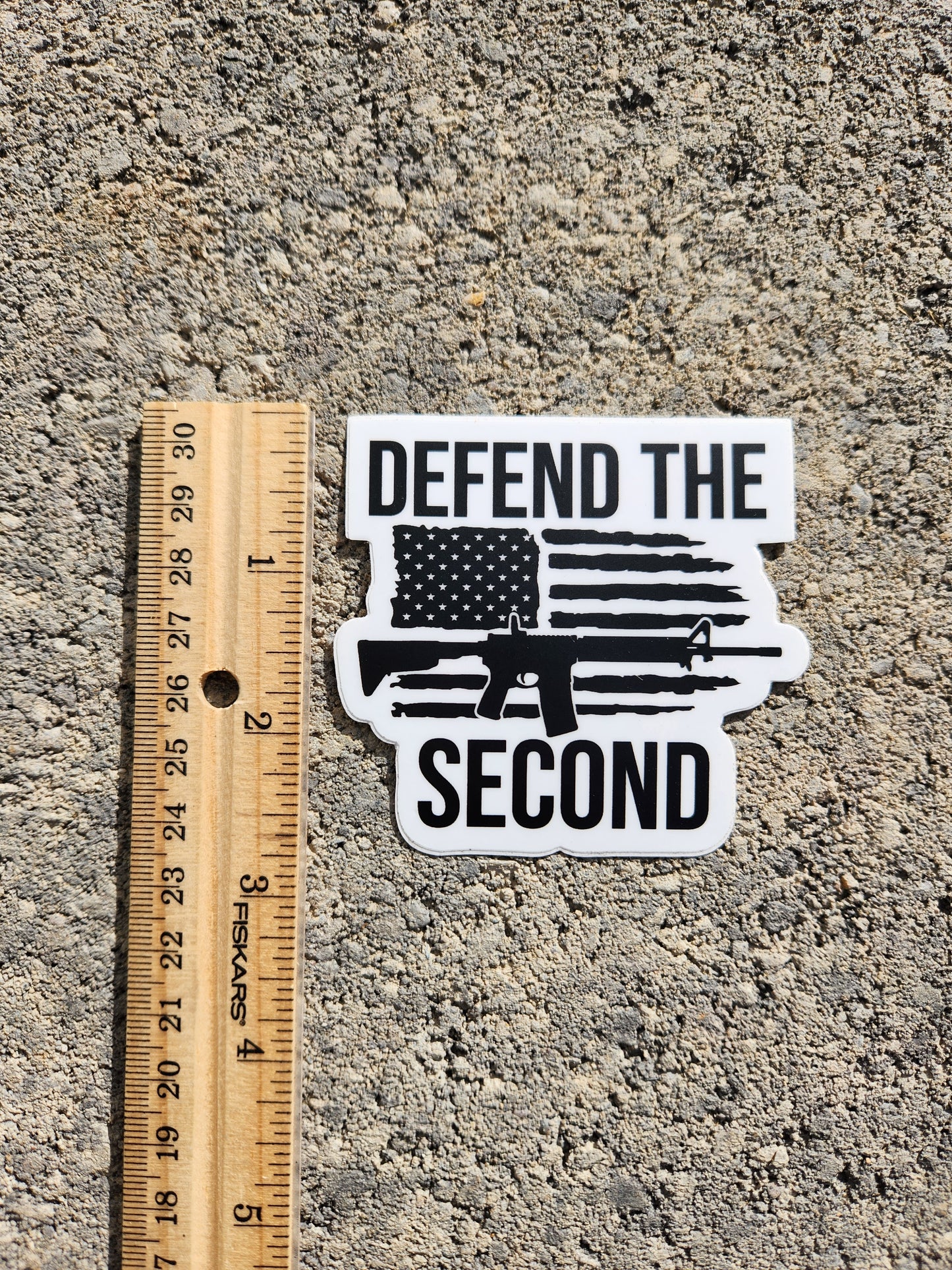 "Defend the Second” sticker with ruler for scale, showcasing exact size.