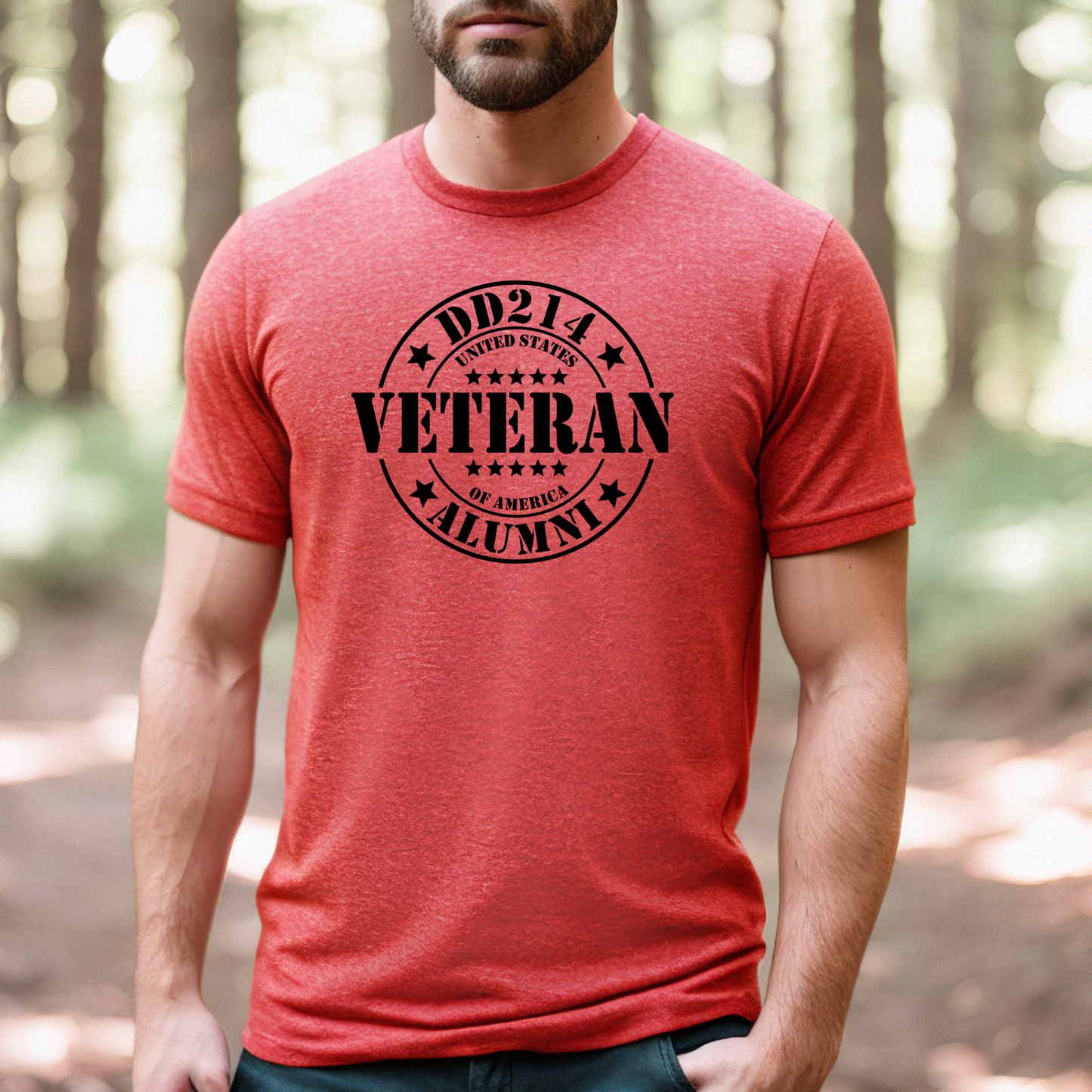 DD214 Veteran of America circle stamp on heather red men's t-shirt, modeled outdoors in woods.