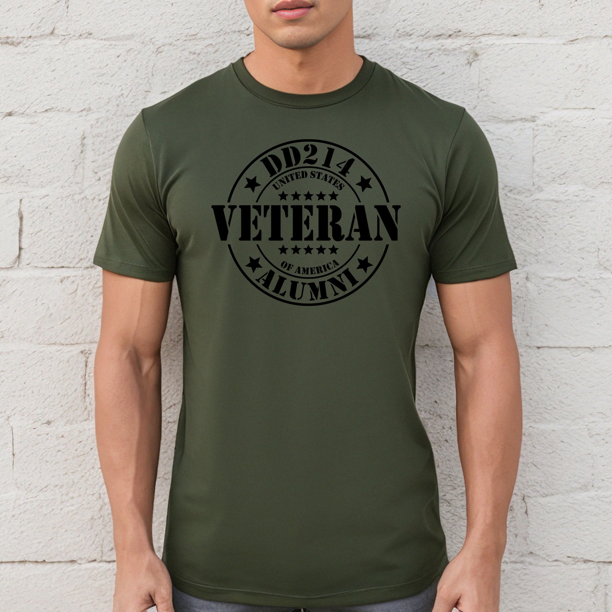 DD214 Veteran Alumni circle stamp on military green performance t-shirt, modeled against white wall.