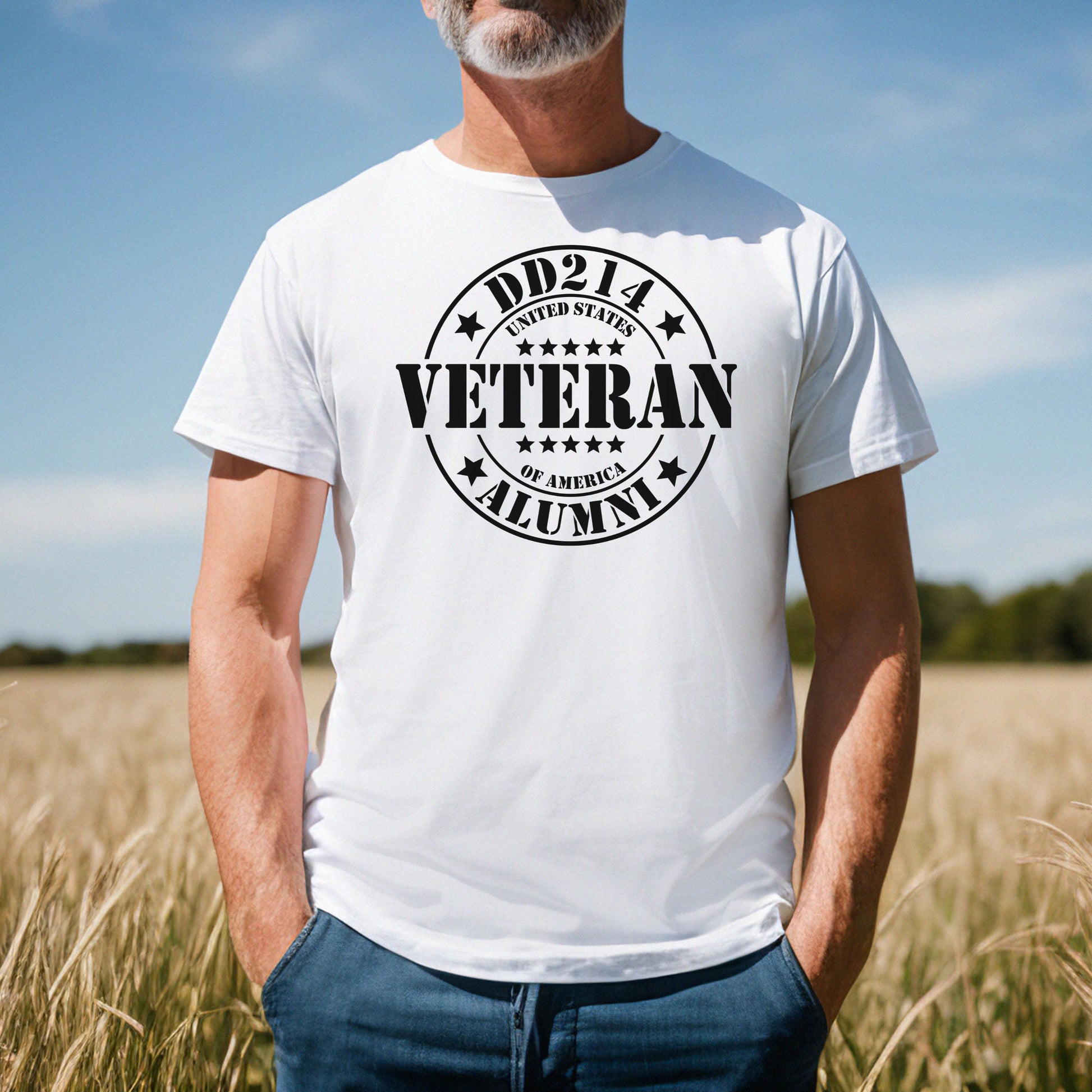 Bold DD214 Veteran emblem on white men's t-shirt, modeled outdoors in wheat field.