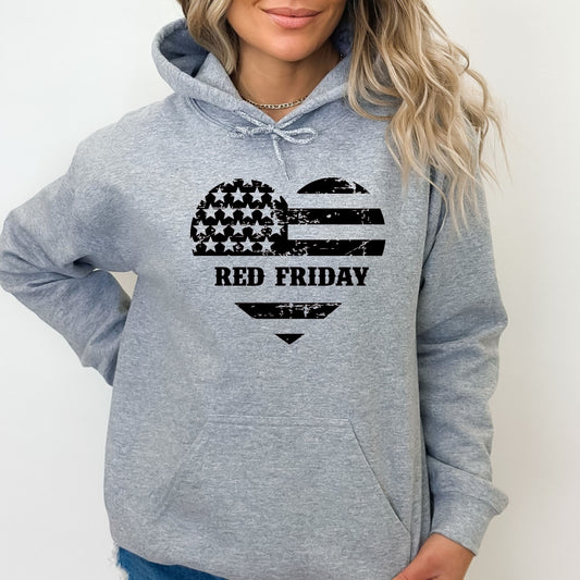 Red Friday heart and flag print on sport grey women's hoodie, modeled with casual denim shorts.