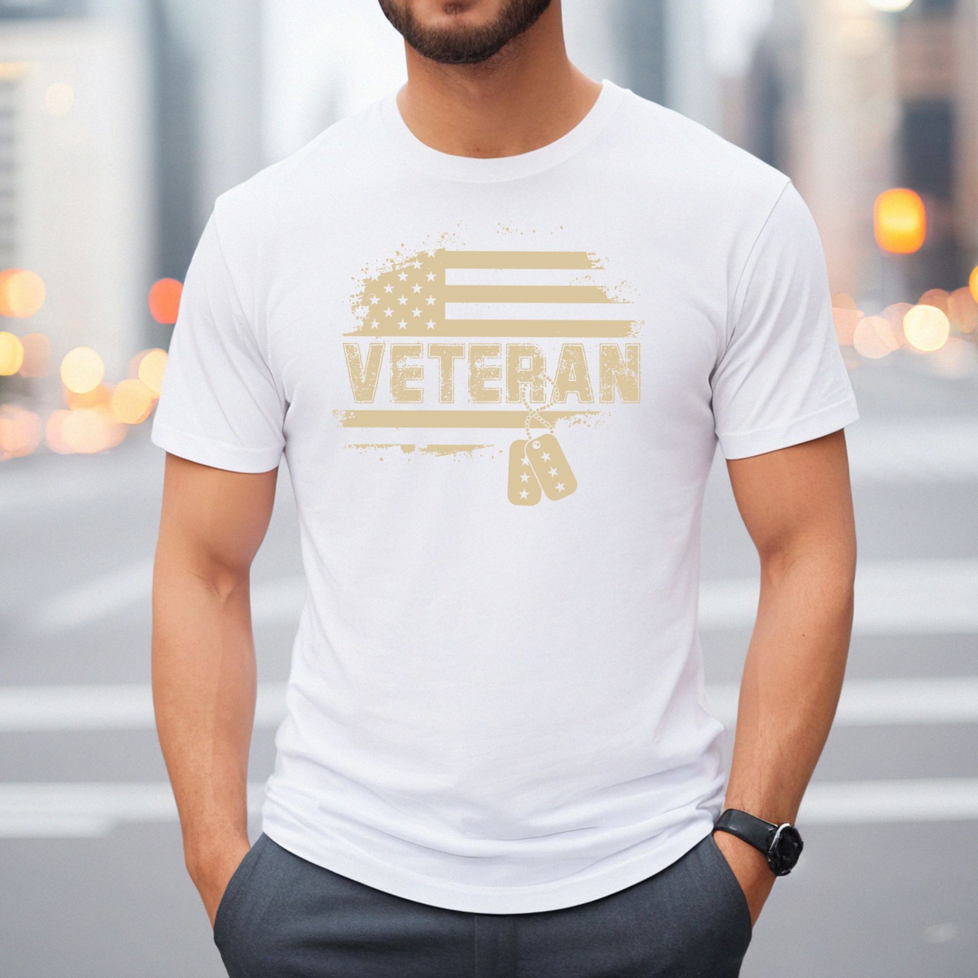 Distressed flag and bold 'Veteran' with dog tags on white men's t-shirt, modeled downtown.