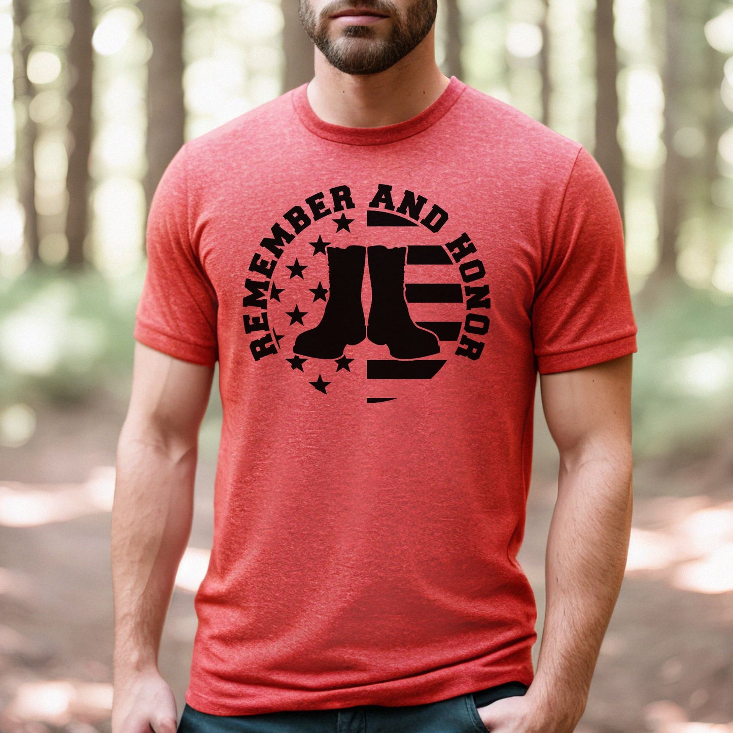 Men's heather red 'Remember and Honor' t-shirt with bold black boots and flag emblem honoring fallen soldiers.