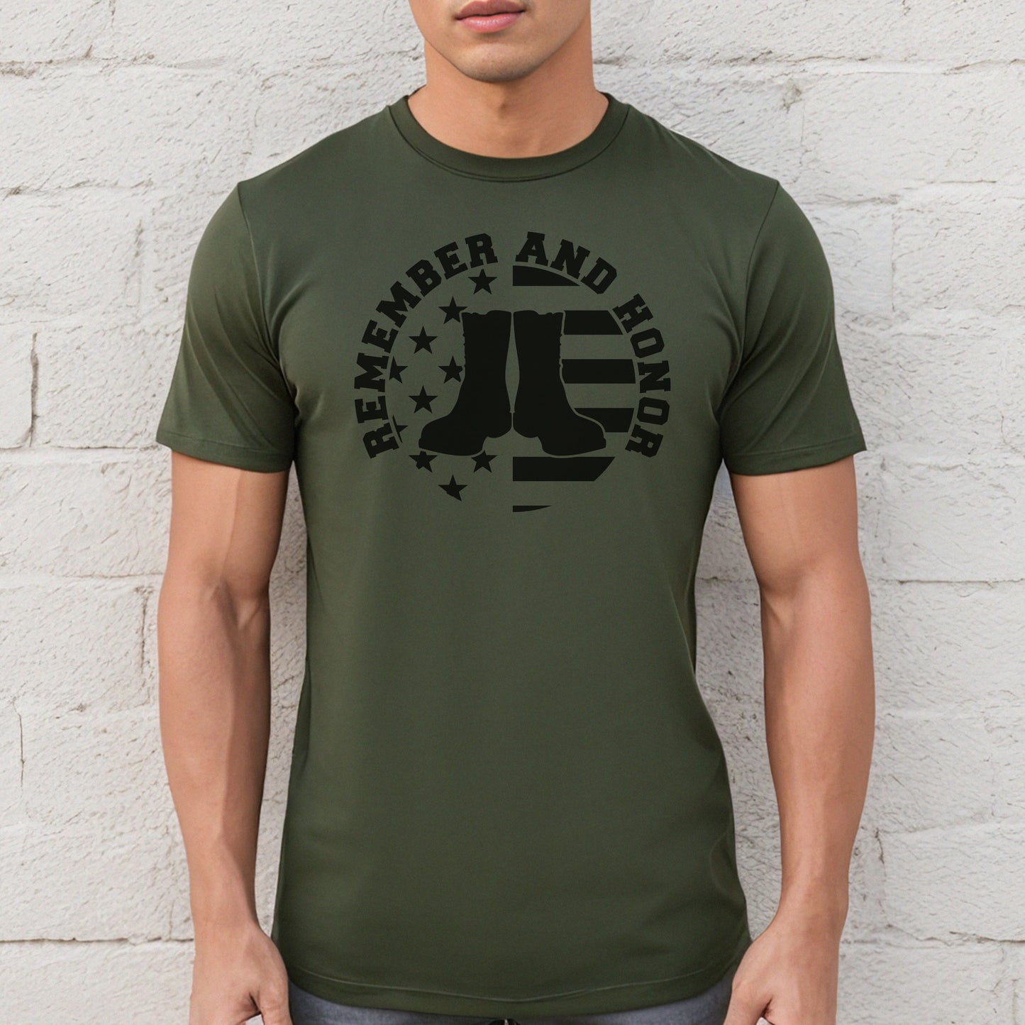 Men's military green 'Remember and Honor' t-shirt featuring patriotic boots and American flag circle design.