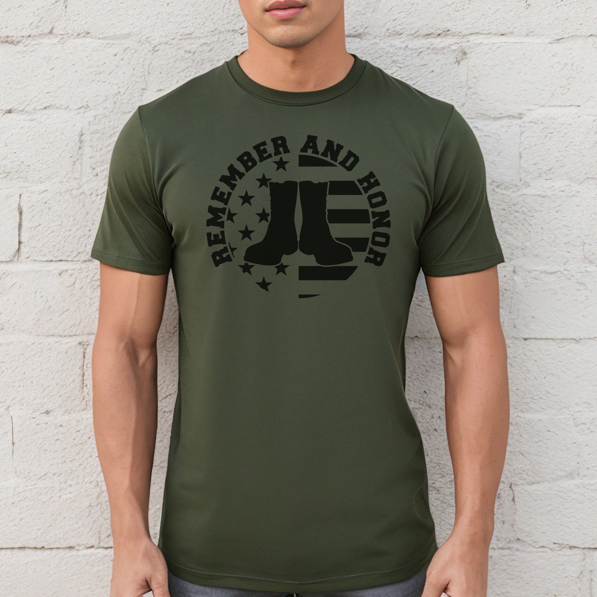Men's military green 'Remember and Honor' t-shirt featuring patriotic boots and American flag circle design.