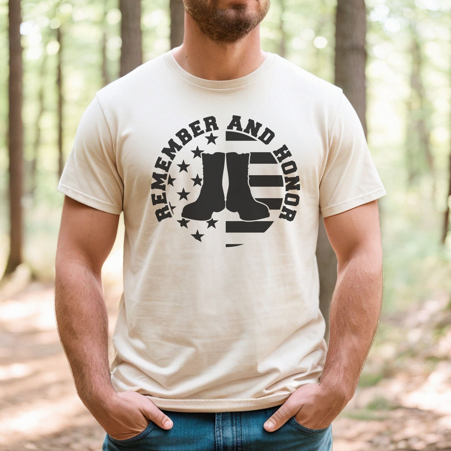 Men's natural color 'Remember and Honor' t-shirt featuring American flag and combat boots tribute graphic.