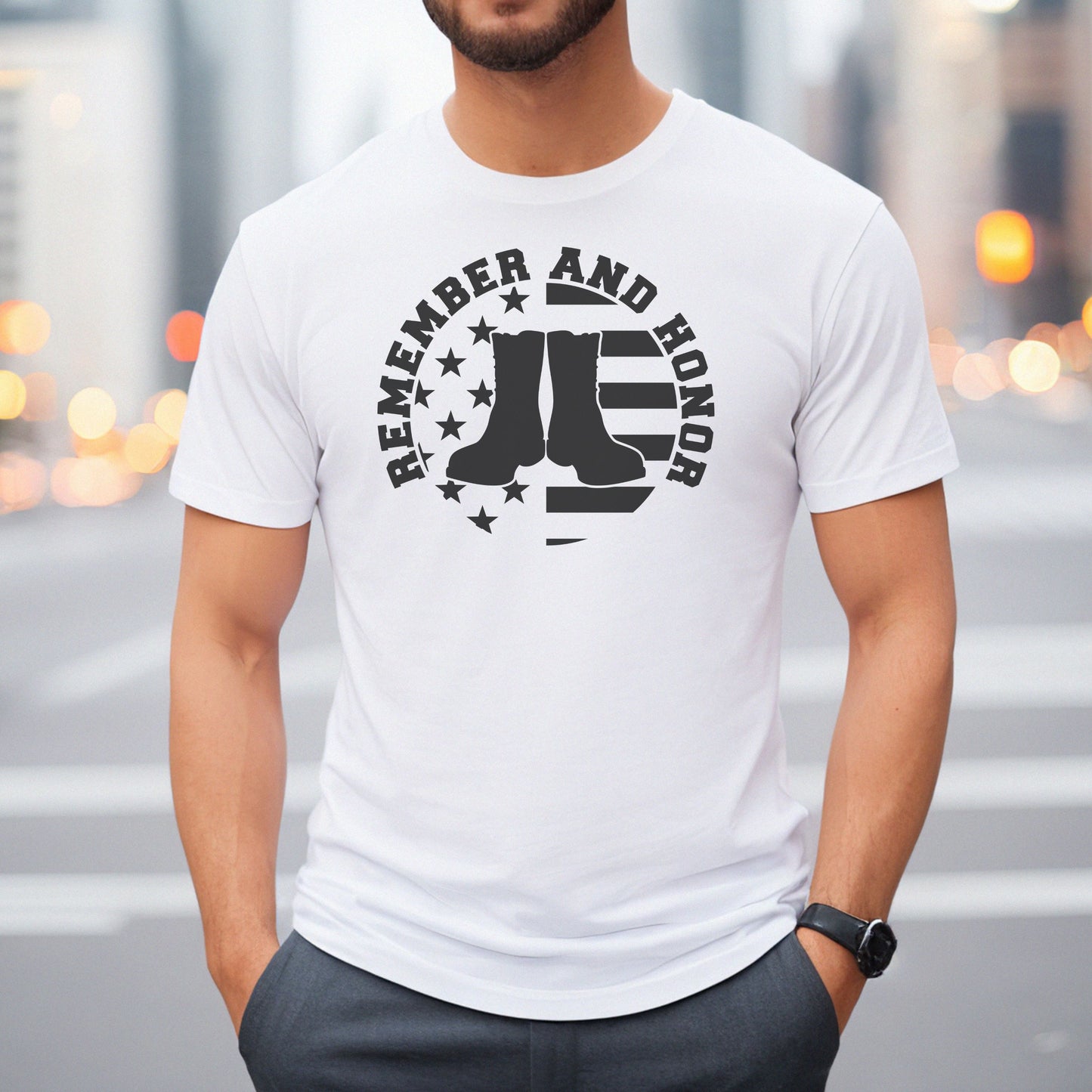 Men's white 'Remember and Honor' t-shirt with black patriotic boots and distressed American flag circle design.